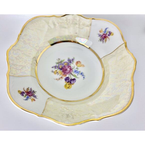 Rare Bernadotte Czech Square Serving Bowl 9" Floral/Iridescent Gold Vintage - Picture 2 of 11